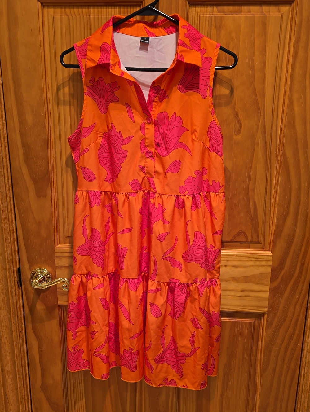 Sleeveless Orange Dress with Pink Floral Print